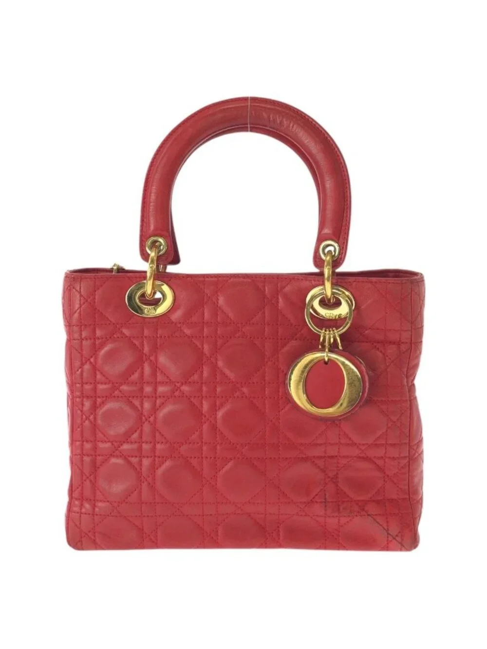 Dior Vintage Lady Cannage Red Gold Leather Handbag